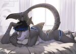  absurd_res anthro bedroom_eyes blue_eyes butt dorsal_fin fin fish grey_body hair hi_res highlights_(coloring) lnkjk.png looking_at_viewer lying male marine narrowed_eyes notched_tail nude on_front pillow raised_tail seductive shark solo tail_fin 