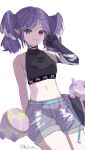  absurdres belt blue_belt blue_eyes breasts dragon egg english_commentary fang hair_behind_ear hair_ornament hairclip head_wings heterochromia highres kiriii looking_at_viewer medium_breasts midriff navel nijisanji nijisanji_en pointy_ears purple_eyes purple_hair purple_shorts selen_tatsuki shorts sitting skin_fang smile solo_focus unfinished virtual_youtuber white_background 