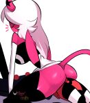  big_breasts big_butt blitzo_(helluva_boss) bodily_fluids breasts butt clothed clothing demon demon_humanoid duo facesitting female hair helluva_boss hi_res horn humanoid imp intraspecies long_hair male male/female multicolored_body partially_clothed pink_body red_body simple_background smile succubus thick_thighs two_tone_body usagi_star verosika_mayday_(helluva_boss) white_body white_hair 