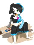  2020 3_fingers black_hair blue_hair breasts cleavage clothed clothing featureless_feet female fingers gardevoir generation_3_pokemon green_eyes hair hair_over_eye hi_res humanoid looking_at_viewer medium_breasts mferite midriff multicolored_hair nintendo nintendo_switch not_furry one_eye_obstructed pokemon pokemon_(species) simple_background smile solo two_tone_hair video_games white_background 