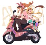  2girls :3 aqua_shorts asymmetrical_legwear blonde_hair boots breasts brown_eyes brown_gloves brown_pants cleavage eyewear_on_head futaba_anzu gloves ground_vehicle helmet idolmaster idolmaster_cinderella_girls jacket jewelry low_twintails medium_breasts moped moroboshi_kirari morphin_e motor_vehicle multiple_girls necklace open_mouth orange_hair pants pink_jacket shoes shorts sidelocks sitting smile sneakers sunglasses twintails wavy_hair 