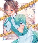  1boy absurdres aqua_eyes blue_eyes brown_hair character_request copyright_request gloves green_shirt highres luxiem maid male_focus mysta_rias nijisanji nijisanji_en open_mouth parody_request shirt short_hair smile solo sweetmeloday virtual_youtuber white_gloves 