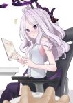  1boy 1girl armchair bangs blue_archive blurry blush chair commentary_request demon_girl demon_horns demon_wings depth_of_field desk forehead hair_ribbon hina_(blue_archive) holding holding_tablet_pc horns long_hair looking_at_viewer out_of_frame parted_bangs purple_eyes ribbon sensei_(blue_archive) sidelocks simple_background sleeveless soudai_neko surprised tablet_pc white_hair wings zettai_ryouiki 