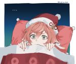  ... 1girl antlers bangs blanket genshin_impact green_eyes hair_between_eyes hat lying on_back pillow pink_hair pom_pom_(clothes) red_headwear santa_hat simple_background solo twitter_username ueauwa under_covers upper_body wide-eyed yanfei_(genshin_impact) 