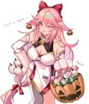  1girl ;p animal_ears animal_hands blush bow breasts cleavage dress ear_ornament earrings food-themed_earrings fox_ears fox_girl genshin_impact gloves hair_between_eyes hair_bow halloween_bucket hand_on_hip highres jewelry looking_at_viewer medium_breasts one_eye_closed paw_gloves pink_hair pumpkin_earrings purple_eyes red_bow rudang simple_background single_thighhigh solo thighhighs tongue tongue_out white_background white_dress white_thighhighs yae_miko 