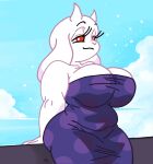  anthro big_breasts boss_monster bovid breasts caprine clothed clothing cloud colored colored_line_art digital_media_(artwork) dress eyebrows eyelashes female fur half-closed_eyes hi_res horn long_ears mammal mature_anthro mature_female narrowed_eyes outside pumahtf purple_clothing red_eyes shaded sky slightly_chubby smile solo toriel undertale undertale_(series) video_games white_body white_fur 
