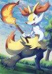 1girl absurdres animal_feet animal_hands animal_nose artist_name black_fur blue_sky body_fur braixen cloud commentary_request day dutch_angle embers fangs fire flat_chest full_body fur_collar furry furry_female grass hand_up happy highres holding holding_stick legs_apart looking_to_the_side multicolored_fur open_mouth outdoors partial_commentary pokemon pokemon_(creature) red_eyes signature sky smile snout solo standing stick tanpakuroom tree white_fur yellow_fur 