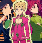  3boys anchor_symbol black_hair blonde_hair blue_eyes braid character_name crossed_arms diamond_wa_kudakenai earrings gakuran giorno_giovanna green_eyes hand_on_hip higashikata_josuke jewelry jojo_no_kimyou_na_bouken kakyoin_noriaki laphy male_focus multiple_boys peace_symbol pin pompadour red_hair red_nails school_uniform single_braid stardust_crusaders stud_earrings sweatdrop vento_aureo 