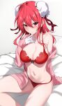  1girl alternate_costume bad_anatomy bandaged_arm bandages blush bra breasts bun_cover cleavage closed_mouth collarbone double_bun hair_between_eyes hair_bun highres ibaraki_kasen large_breasts long_sleeves navel panties pink_eyes pink_hair red_bra red_panties short_hair simple_background solo stomach touhou underwear white_background yoshinatsu 