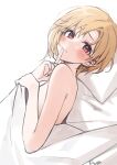  1girl aiba_yumi bangs bed_sheet blonde_hair blush brown_eyes commission fpanda hair_between_eyes highres idolmaster idolmaster_cinderella_girls index_finger_raised looking_at_viewer lying nude on_back pillow short_hair simple_background skeb_commission solo under_covers upper_body white_background 