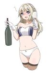  1girl alcohol bangs blonde_hair blue_eyes blush bottle braid breasts brown_thighhighs commentary_request crop_top cropped_legs cup drinking_glass drunk gloves holding holding_bottle holding_cup kantai_collection long_hair looking_at_viewer medium_breasts open_mouth panties ranger_(kancolle) side_braids simple_background solo strapless tamu_(mad_works) thighhighs underwear white_background white_gloves white_panties wine wine_bottle wine_glass 