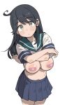  1girl ahoge bandaid bandaids_on_nipples bangs black_hair blue_sailor_collar blue_skirt blush breasts geso_smith grey_eyes highres kantai_collection large_areolae large_breasts long_hair looking_at_viewer parted_lips pasties pleated_skirt sailor_collar school_uniform serafuku short_sleeves simple_background skirt solo sweat undressing ushio_(kancolle) white_background 