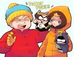  2boys ? beanie blonde_hair blue_eyes coat eric_cartman fat gloves hand_puppet hat kenny_mccormick male_focus multiple_boys mysterion open_mouth orange_eyes puppet south_park the_coon tsunoji winter_clothes winter_coat yellow_gloves 