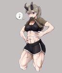  1girl abs absurdres blonde_hair blue_eyes clothes_in_mouth clothes_lift epakim highres horns mouth_hold muscular muscular_female musical_note original scar scar_on_face shirt_in_mouth shirt_lift shorts solo sports_bra sweat thick_thighs thighs 