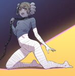  1girl :d bandaged_arm bandages bangs bou breasts brown_hair chain chain_leash commentary fangs full_body hair_rings halloween halloween_costume highres kneeling leash looking_at_viewer mummy_costume open_mouth original red_eyes short_hair small_breasts smile 