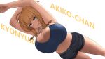  against_fourth_wall armpits arms_up blonde_hair breast_press breasts bright_pupils camisole character_name cleavage crop_top fang groin highres huge_breasts medium_hair midriff mole mole_on_breast mole_on_cheek nao_(ritsancrossover) navel open_mouth oppai_loli original shorts simple_background smile white_background yellow_eyes 