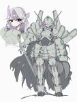  1girl absurdres armor black_cape black_eyes blush bow cape cross-shaped_pupils full_armor full_body golisopod grey_hair hair_bow hair_ornament hairpin helmet highres holding holding_sword holding_weapon japanese_armor looking_at_viewer pauldrons personification pokemon purple_bow samurai shoulder_armor solo sword torn_cape torn_clothes user_jwrz5783 weapon 