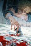  1boy absurdres all_might artist_name bakugou_katsuki bandaged_arm bandages bandaid bandaid_on_arm bandaid_on_face bandaid_on_hand bathroom bathtub blonde_hair blood blood_in_water blood_stain boku_no_hero_academia broken_glass broken_mirror card character_name character_print commentary covered_mouth crack cuts door english_text glass hair_between_eyes hand_on_own_arm head_on_arm head_rest highres holding holding_card hospital_gown indoors injury leaning_on_object light_switch looking_at_viewer male_focus mirror radar_chart red_eyes sanpaku shade signature silhouette solo spiked_hair spoilers switch tile_wall tiles upper_body v-shaped_eyebrows zerom000 