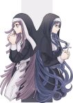  2girls alternate_costume bangs black_background blue_hair brown_hair cropped_legs cross danganronpa_(series) danganronpa_2:_goodbye_despair danganronpa_v3:_killing_harmony from_side glasses grey_background habit highres holding holding_cross long_hair long_sleeves midori_(310ri_21) multicolored_background multiple_girls nun own_hands_clasped own_hands_together praying shiny shiny_hair shirogane_tsumugi smile tsumiki_mikan white_background 