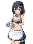  1girl apron bare_arms bare_shoulders black_bow black_bra black_eyes black_hair blue_bow blue_bowtie blush bottle bow bowtie bra breasts commentary cowboy_shot frilled_skirt frills hair_bow head_wings highres holding holding_tray kemono_friends looking_at_viewer maid medium_breasts medium_hair milk_bottle navel no_shirt shiraha_maru simple_background skirt smile solo superb_bird-of-paradise_(kemono_friends) tail tray twitter_username underwear waist_apron white_background 