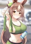  1girl alternate_costume animal_ears blurry blurry_background blush breasts collarbone commentary_request energy_drink green_sports_bra heavy heavy_breathing highres horse_ears horse_girl horse_tail large_breasts looking_at_viewer midriff navel ponytail satono_diamond_(umamusume) solo sports_bra stomach sweat t_ritama tail umamusume upper_body yellow_eyes 