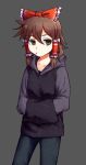  1girl bangs black_hoodie bow brown_eyes brown_hair cigarette closed_mouth commentary_request cookie_(touhou) expressionless feet_out_of_frame flat_chest frilled_bow frilled_hair_tubes frills grey_background grey_pants hair_between_eyes hair_bow hair_tubes hakurei_reimu hands_in_pocket hood hood_down hoodie looking_at_viewer maru_(cookie) medium_hair pants red_bow simple_background solo tomoshige touhou 
