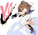  1girl binoculars brown_eyes brown_hair dress from_side full_body kantai_collection looking_at_viewer open_mouth outstretched_arms sailor_dress shiyoo short_dress short_hair smile solo speaking_tube_headset yukikaze_(kancolle) 