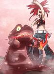  1girl arm_up armpits bangs black_footwear blue_pants clenched_hands fire flannery_(pokemon) highres kotobukkii_(yt_lvlv) looking_at_viewer magcargo midriff navel open_mouth pants pokemon pokemon_(creature) pokemon_(game) pokemon_oras red_eyes red_hair steam 