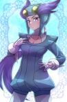  1girl breasts cleavage collarbone cowboy_shot gloves helmet highres kotobukkii_(yt_lvlv) long_hair long_sleeves looking_at_viewer pilot_suit pokemon pokemon_(game) pokemon_oras ponytail purple_eyes purple_hair solo very_long_hair white_gloves winona_(pokemon) 