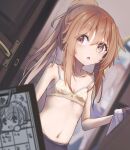  1girl blurry bra breasts brown_hair clipboard collarbone commentary_request depth_of_field door dutch_angle fumizuki_(kancolle) highres kantai_collection logiclr long_hair looking_at_viewer navel ponytail red_eyes small_breasts solo underwear upper_body white_bra 