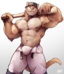  absurd_res anthro baseball_bat baseball_cap baseball_uniform bat_(object) big_bulge big_muscles blue_eyes bulge clothed clothing cougar felid feline hat headgear headwear hi_res looking_at_viewer looking_pleasured makowolf1 male mammal mexican_pacific_league muscular simple_background smile smiling_at_viewer solo sportswear underwear uniform white_background yaco_puma yaquis_de_obregon 