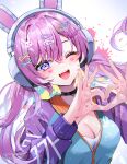  1girl adapted_costume alternate_hairstyle animal_ears black_choker blue_jacket blush breasts character_name choker cleavage d.va_(overwatch) edm_d.va emblem eneru_(enepuni) facial_mark fake_animal_ears fang finger_heart fingernails hair_between_eyes hair_ornament hairclip headphones heart_stickers highres jacket long_hair long_sleeves looking_at_viewer medium_breasts official_alternate_costume one_eye_closed open_mouth overwatch overwatch_2 paint_splatter pink_nails purple_eyes purple_hair purple_jacket purple_sleeves rabbit_ears rabbit_hair_ornament simple_background smile solo twintails twitter_username upper_body white_background 