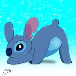  2022 alien ambiguous_gender blue_body blue_eyes blue_fur blue_nose claws digital_media_(artwork) disney experiment_(lilo_and_stitch) featureless_crotch fur gradient_background head_tuft hi_res jack-o&#039;_pose kitsune_nao lilo_and_stitch looking_at_viewer looking_back looking_back_at_viewer notched_ear pose pupils signature simple_background solo sparkles stitch_(lilo_and_stitch) toe_claws tuft white_pupils 