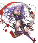  1girl arm_guards bangs bare_shoulders breasts camilla_(fire_emblem) choker cleavage elbow_gloves fake_horns fingerless_gloves fire_emblem fire_emblem_fates fire_emblem_heroes fishnets gloves gold_trim hair_ornament hair_over_one_eye highres holding horns japanese_clothes kunai large_breasts long_hair ninja non-web_source official_art pelvic_curtain purple_eyes purple_hair scroll sencha_(senchat) shiny shiny_hair solo thighhighs transparent_background weapon 