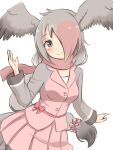  1girl absurdres bangs breasts commentary_request grey_eyes grey_hair hair_over_one_eye head_wings highres kemono_friends long_hair long_sleeves looking_at_viewer low-tied_long_hair medium_breasts pink-backed_pelican_(kemono_friends) pink_hair pink_scarf pink_skirt pleated_skirt scarf shiraha_maru simple_background skirt smile solo very_long_hair white_background 