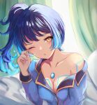  1girl bangs bed_sheet blue_hair blue_shirt breasts chest_jewel cleavage collarbone curtains dress_shirt fiery_hair glowing_lines leonmandala long_sleeves looking_at_viewer medium_hair off_shoulder one_eye_closed open_mouth rubbing_eyes sena_(xenoblade) shirt side_ponytail small_breasts solo upper_body waking_up window xenoblade_chronicles_(series) xenoblade_chronicles_3 yellow_eyes 