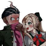  1boy 1girl :d bangs black_bow black_hair black_jacket blush bow bowtie braid commentary_request danganronpa_(series) danganronpa_2:_goodbye_despair dress earrings gem green_dress grey_hair grey_shirt hair_bow jacket jewelry jilong_(eksrks99) long_hair looking_at_another multicolored_hair open_clothes open_jacket pink_scarf puffy_short_sleeves puffy_sleeves red_bow red_bowtie scarf shirt short_sleeves simple_background smile sonia_nevermind sweat tanaka_gandamu teeth two-tone_hair upper_body upper_teeth white_background 