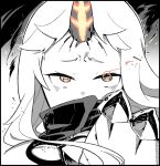  1girl abyssal_ship claws colored_skin flaming_eye horns kantai_collection orange_eyes portrait seaport_princess shiyoo single_horn solo white_hair white_skin 