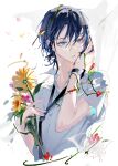  1boy absurdres ajiro_shinpei bangs black_hair blue_eyes blurry blurry_background brown_eyes byuey collared_shirt commentary cropped_torso dress_shirt facing_viewer falling_petals flower hands_up heterochromia highres holding holding_flower leaf looking_away male_focus parted_lips petals pink_flower shirt short_hair simple_background summertime_render sunflower upper_body watch white_background white_shirt yellow_flower 
