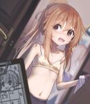  1girl blurry bra breasts brown_hair clipboard collarbone commentary_request depth_of_field door dutch_angle fumizuki_(kancolle) highres kantai_collection logiclr long_hair looking_at_viewer navel open_mouth ponytail red_eyes small_breasts solo surprised underwear upper_body white_bra 