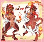  anthro anus big_breasts breasts butt digital_media_(artwork) digitigrade dragon female fire genitals gold_(metal) gold_jewelry hair hi_res jewelry leonifa lizard looking_at_viewer markings nipples nude presenting pussy red_body red_eyes red_hair reptile scalie scarf shihari simple_background smile solo thick_thighs tribal tribal_markings vaginal 