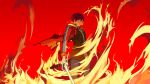  1boy absurdres black_hair blue_eyes burnt_clothes coat eiyuu_densetsu fire highres holding holding_sword holding_weapon katana looking_at_viewer rean_schwarzer sen_no_kiseki sen_no_kiseki_ii sheath solo sword user_xyvg4858 weapon 