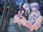  3girls absurdres ahoge animal_ears bare_legs barefoot breasts can cat_ears cityscape full_body grey_hair highres holding holding_can hololive jill_stingray large_breasts multiple_girls necktie nekomata_okayu purple_eyes purple_hair red_eyes red_necktie shirt sitting snarkhunt va-11_hall-a virtual_youtuber white_shirt 