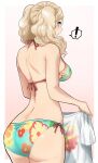  ! ass ass_focus ass_visible_through_thighs back bikini blonde_hair blue_eyes blush breasts butt_crack feet_out_of_frame floral_print flower_bikini from_behind gradient gradient_background highres holding holding_clothes huge_ass kurosususu large_breasts persona persona_5 pink_background shirt short_twintails shoulder_blades sideboob spoken_exclamation_mark string_bikini swimsuit takamaki_anne thick_thighs thighs twintails white_shirt 