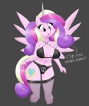 2021 anthro anthrofied black_bra black_clothing black_panties black_underwear blonde_hair bra clothing cutie_mark dialogue digital_media_(artwork) equid equine eyelashes feathered_wings feathers flutterthrash friendship_is_magic grey_background hair hasbro hi_res horn long_hair mammal multicolored_hair multicolored_tail my_little_pony navel panties pink_body pink_eyes pink_feathers pink_hair pink_tail princess_cadance_(mlp) purple_hair purple_tail simple_background spread_wings underwear winged_unicorn wings yellow_tail 