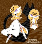  1girl alternate_color alternate_shiny_pokemon arms_at_sides bangs bob_cut brown_background colored_skin commentary_request cropped_torso english_commentary english_text flat_chest full_body gardevoir hair_between_eyes hair_over_one_eye halloween happy_halloween jack-o&#039;-lantern legs_apart looking_at_viewer mixed-language_commentary multicolored_skin multiple_views one_eye_covered open_mouth orange_hair orange_skin outline partial_commentary pokemon pokemon_(creature) purple_eyes shadow short_hair standing two-tone_skin upper_body white_outline white_skin yuri_(pixiv_76483886) 