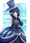  1girl bangs bare_shoulders battle_chatelaine black_gloves blue_dress blue_eyes blue_hair blue_headwear blue_pantyhose dress evelyn_(pokemon) gloves hat highres kotobukkii_(yt_lvlv) looking_at_viewer open_mouth pantyhose pokemon pokemon_(game) pokemon_xy short_hair sleeveless sleeveless_dress solo 