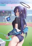  1girl ass bangs blue_archive blurry blurry_background blurry_foreground blush bottle breasts buruma cowboy_shot depth_of_field from_behind gym_uniform halo highres holding holding_bottle jacket long_hair looking_at_viewer looking_back medium_breasts motion_blur official_alternate_costume ponytail purple_eyes purple_hair shadow_cat_(u9nej2qzq9vzxcf) shirt short_sleeves solo stadium sweat thighs track_jacket water_bottle yuuka_(blue_archive) yuuka_(gym_uniform)_(blue_archive) 