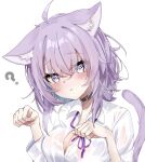  1girl ? @_@ absurdres ahoge animal_ear_fluff animal_ears bangs black_collar blush breasts button_gap cat_ears cat_girl cat_tail cleavage collar collared_shirt crossed_bangs dress_shirt fang fang_out hair_between_eyes highres hololive looking_at_viewer medium_breasts medium_hair nekomata_okayu parted_lips partially_unbuttoned paw_pose purple_eyes purple_hair reine_(reineko6) see-through see-through_shirt shirt skin_fang solo tail virtual_youtuber wet wet_clothes wet_shirt white_shirt 