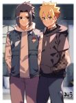  2boys black_eyes black_hair blonde_hair blue_eyes boruto:_naruto_next_generations hands_in_pockets highres hood hoodie jacket looking_at_another looking_at_viewer mask miiutamiii_(artist) mouth_mask multiple_boys naruto naruto_(series) open_clothes pants time_paradox uchiha_sasuke upper_body uzumaki_boruto 